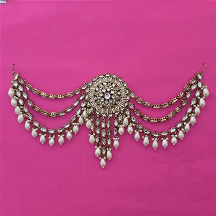 Indo Western Pearl Hair Brooch With Mehndi Plating