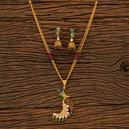 Antique Peacock Pendant Set With Matte Gold Plating