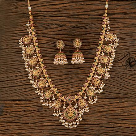 Antique Long Necklace With Matte Gold Plating