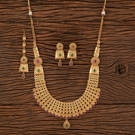Antique Long Necklace With Matte Gold Plating
