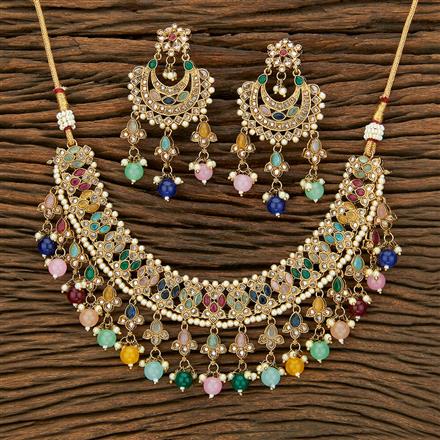 Antique Reverse Ad Stone Necklace With Mehndi Plating