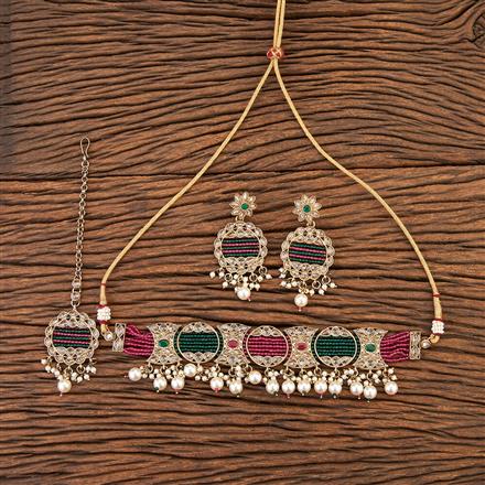 Antique Reverse Ad Stone Necklace With Mehndi Plating