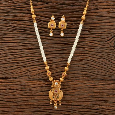 Antique Long Pendant Set With Matte Gold Plating