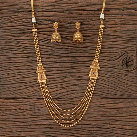 Antique Long Necklace Set With Matte Gold Plating