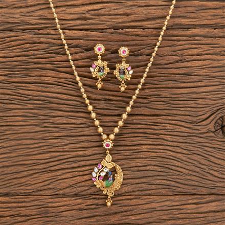 Antique Peacock Pendant Set With Matte Gold Plating