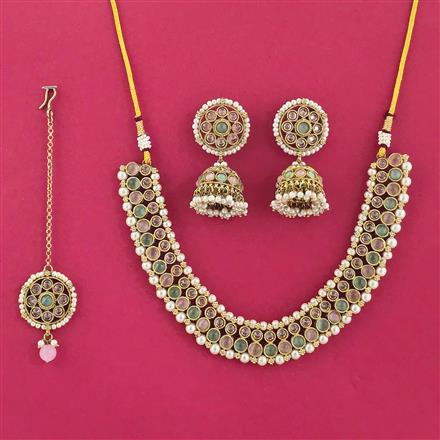 Antique Reverse Ad Stone Necklace Set With Mehndi Plating