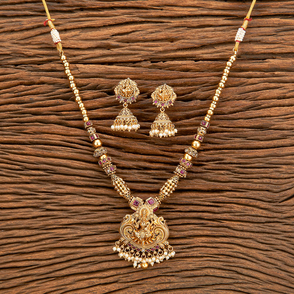 Buy Antique Temple Pendant Set With Matte Gold Plating 218794