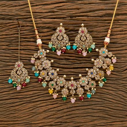 Antique Reverse Ad Stone Necklace With Mehndi Plating