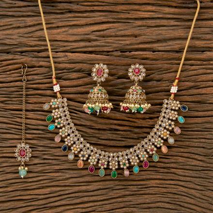 Antique Reverse Ad Stone Necklace With Mehndi Plating