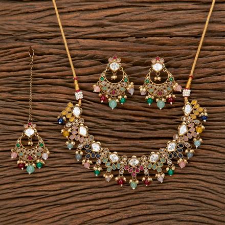 Antique Reverse Ad Stone Necklace With Mehndi Plating