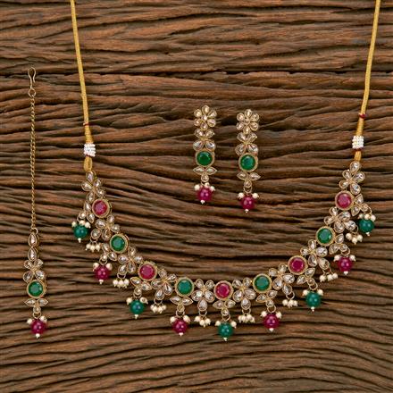Antique Reverse Ad Stone Necklace With Mehndi Plating