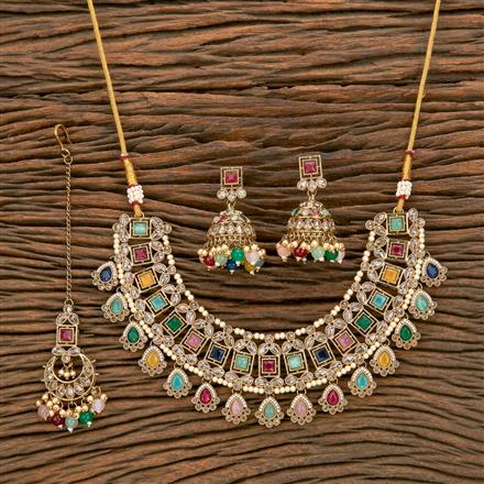 Antique Reverse Ad Stone Necklace With Mehndi Plating