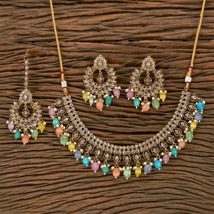 Antique Reverse Ad Stone Necklace With Mehndi Plating