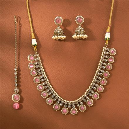 Antique Reverse Ad Stone Necklace With Mehndi Plating