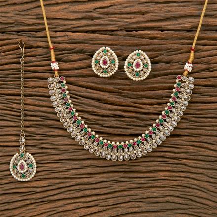 Antique Reverse Ad Stone Necklace With Mehndi Plating