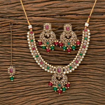 Antique Reverse Ad Stone Necklace With Mehndi Plating