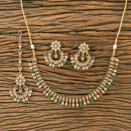 Antique Reverse Ad Stone Necklace With Mehndi Plating