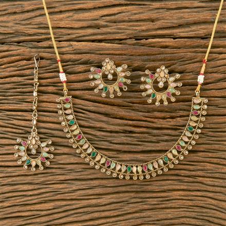 Antique Reverse Ad Stone Necklace With Mehndi Plating