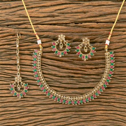 Antique Reverse Ad Stone Necklace With Mehndi Plating