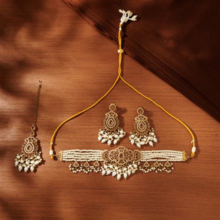 Antique Moti Necklace With Mehndi Plating