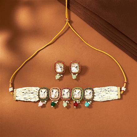 Antique Moti Necklace With Mehndi Plating