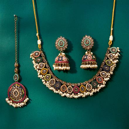 Antique Reverse Ad Stone Necklace With Mehndi Plating