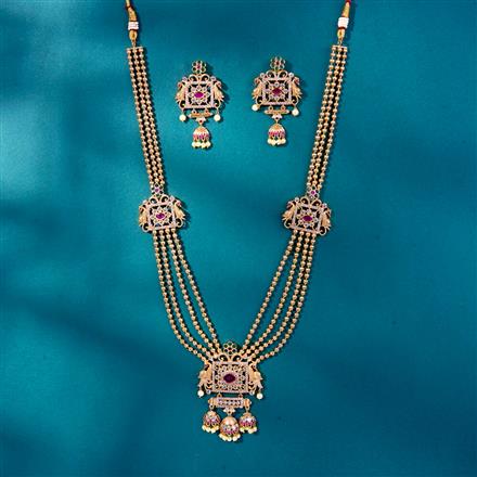 Antique Long Necklace Set With Matte Gold Plating