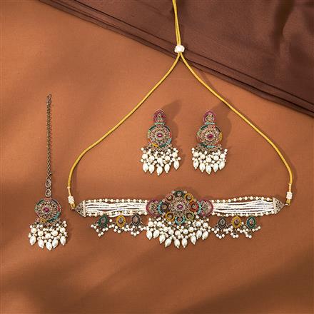 Antique Moti Necklace With Mehndi Plating