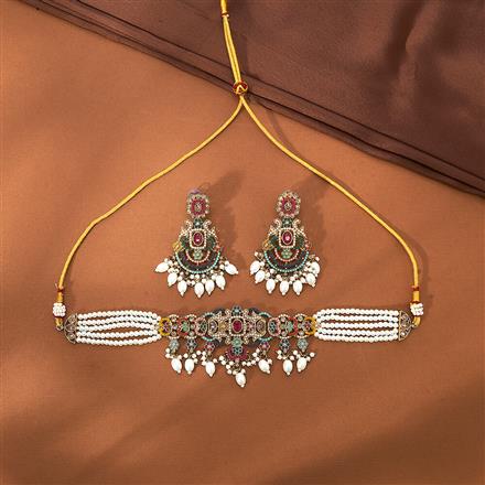 Antique Moti Necklace With Mehndi Plating