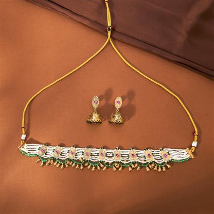 Antique Moti Necklace Set With Matte Gold Plating