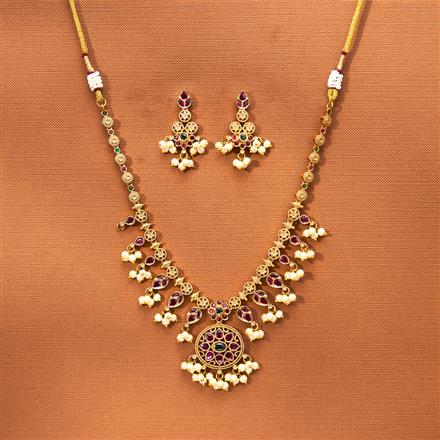 Antique Moti Necklace Set With Matte Gold Plating