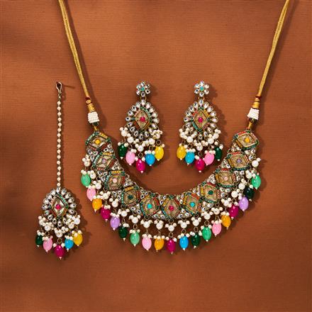 Antique Mother Of Pearl Necklace With Mehndi Plating