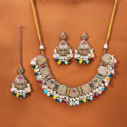Antique Pearl Necklace With Mehndi Plating