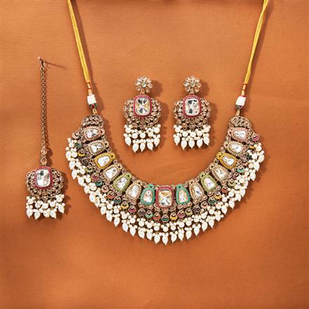 Antique Moti Necklace With Mehndi Plating