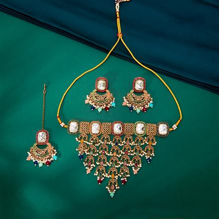 Antique Moti Necklace With Mehndi Plating