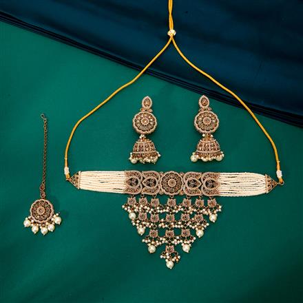 Antique Moti Necklace With Mehndi Plating