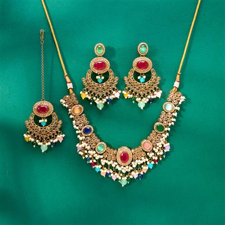 Antique Pearl Necklace Set With Mehndi Plating