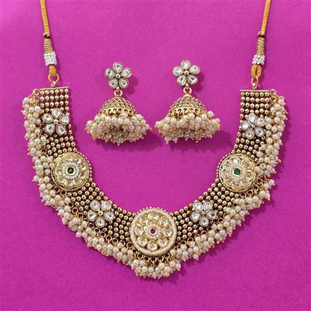 Antique Moti Necklace Set With Gold Plating
