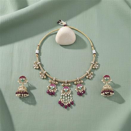 Antique Moti Necklace Set With Matte Gold Plating