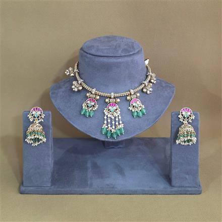Antique Moti Necklace Set With Matte Gold Plating