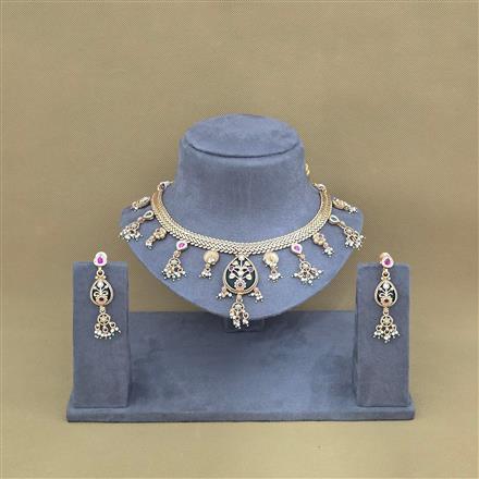 Antique Moti Necklace Set With Matte Gold Plating