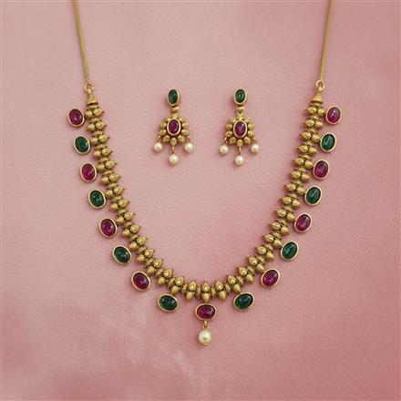 Antique Moti Necklace Set With Matte Gold Plating