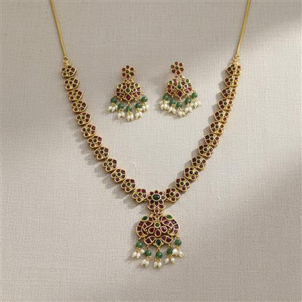 Antique Moti Necklace Set With Matte Gold Plating