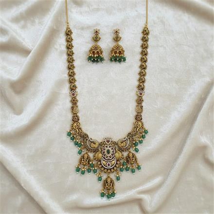 Antique Long Necklace Set With Matte Gold Plating