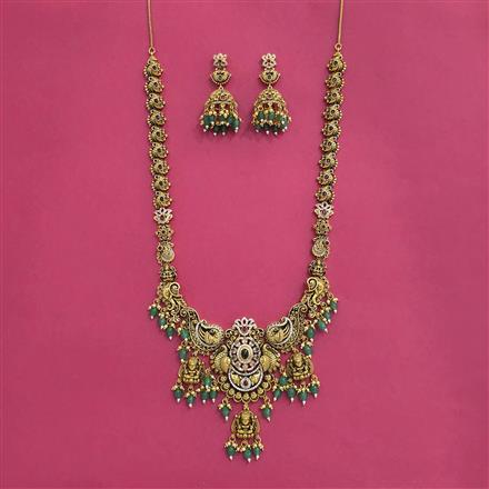 Antique Long Necklace Set With Matte Gold Plating