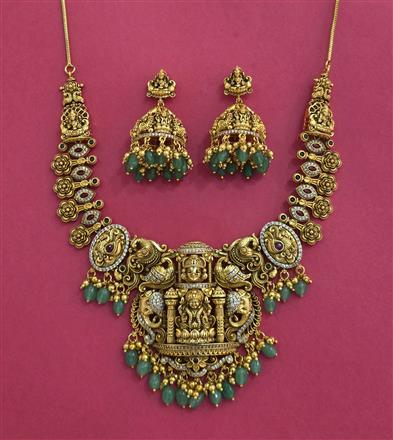Antique Temple Necklace Set With Matte Gold Plating