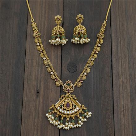 Antique Moti Necklace Set With Matte Gold Plating