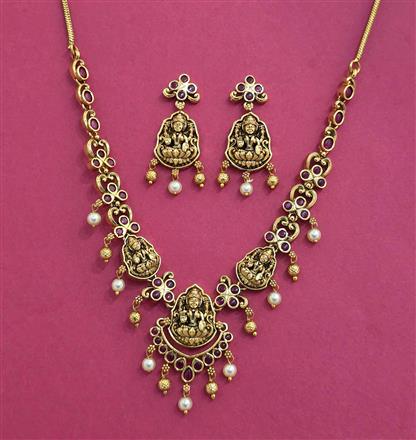 Antique Temple Necklace Set With Matte Gold Plating