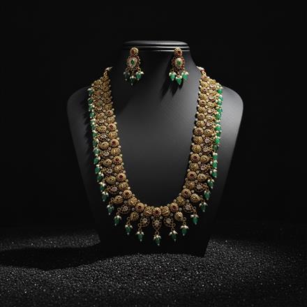 Antique Long Necklace Set With Matte Gold Plating