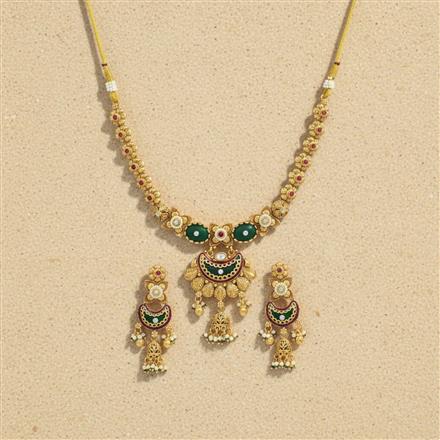 Antique Moti Necklace Set With Matte Gold Plating